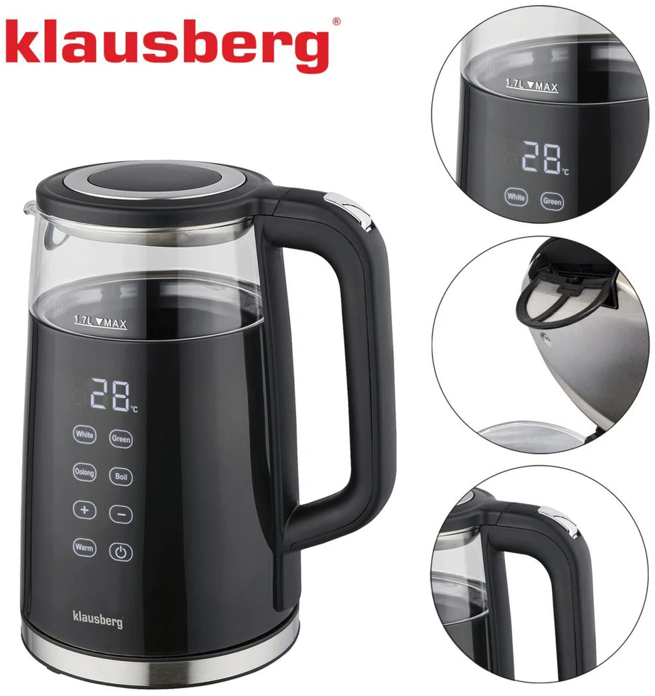Virdulys, Elektrinis virdulys, stiklinis, juodas, LED panelė, 1 l, Klausberg, kb-7894