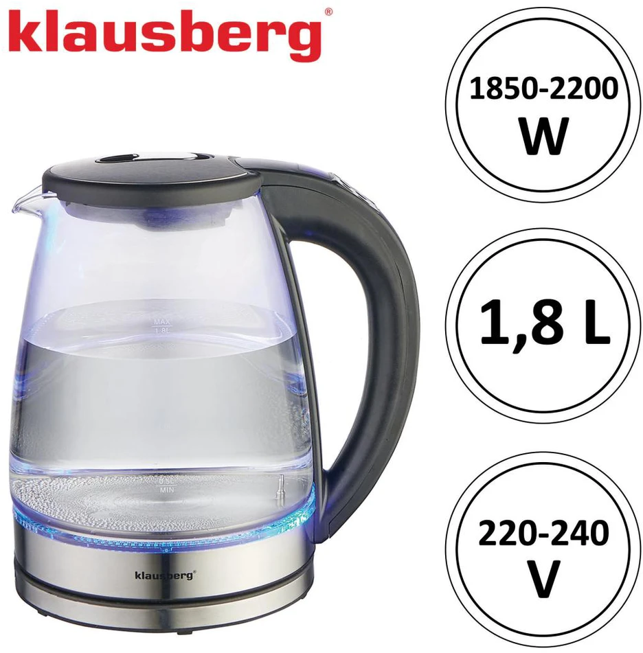 Virdulys, Elektrinis virdulys, stiklinis, su LED, 1,8 l, Klausberg, kb-7887
