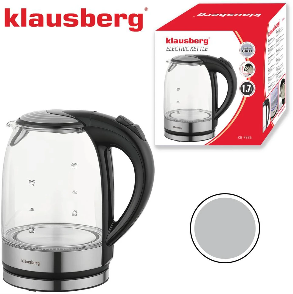 Virdulys, Elektrinis virdulys, stiklinis, su LED, 1,7 l, Klausberg, kb-7886