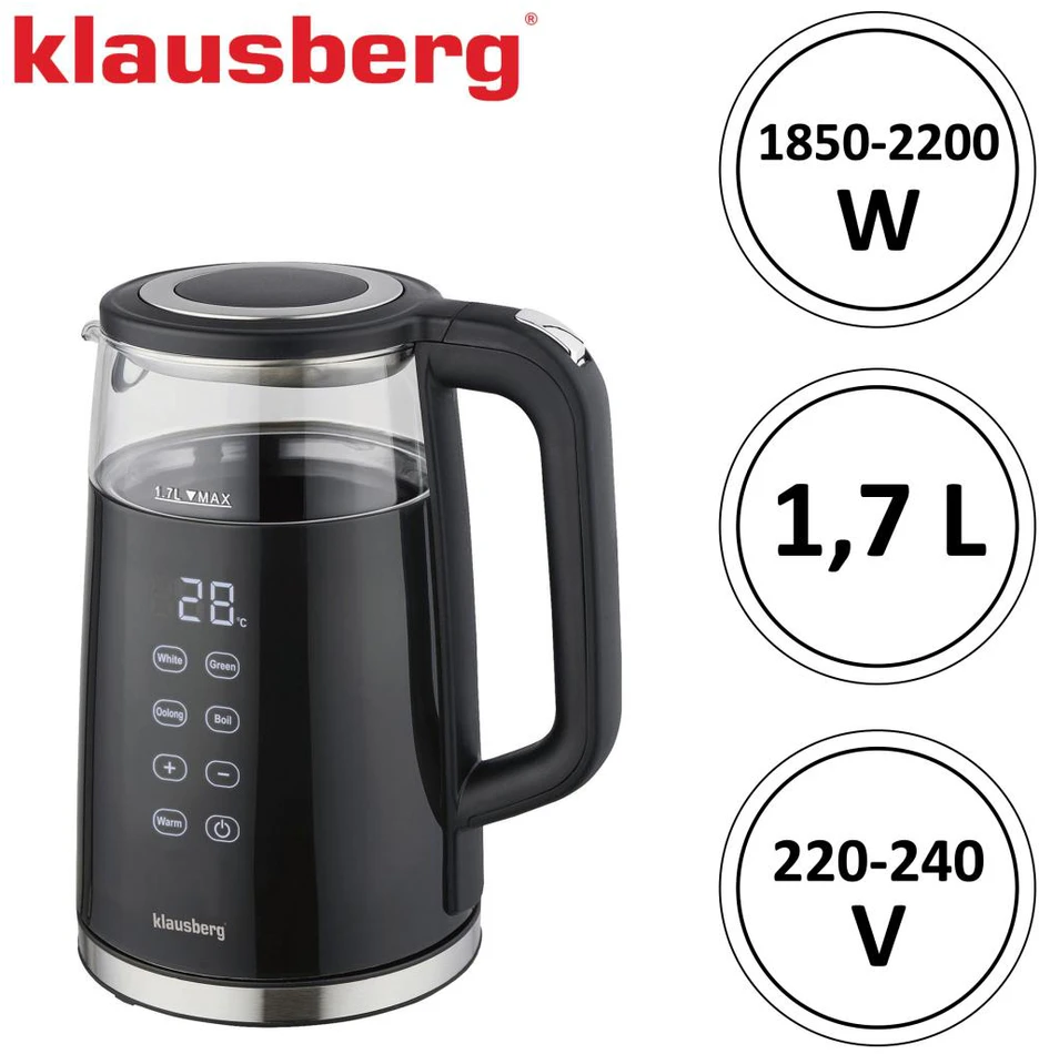 Virdulys, Elektrinis virdulys, stiklinis, juodas, LED panelė, 1 l, Klausberg, kb-7894