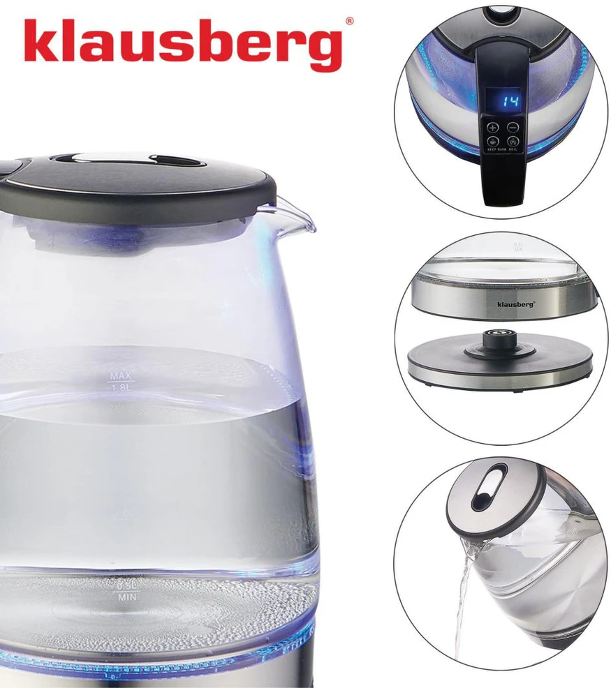 Virdulys, Elektrinis virdulys, stiklinis, su LED, 1,8 l, Klausberg, kb-7887