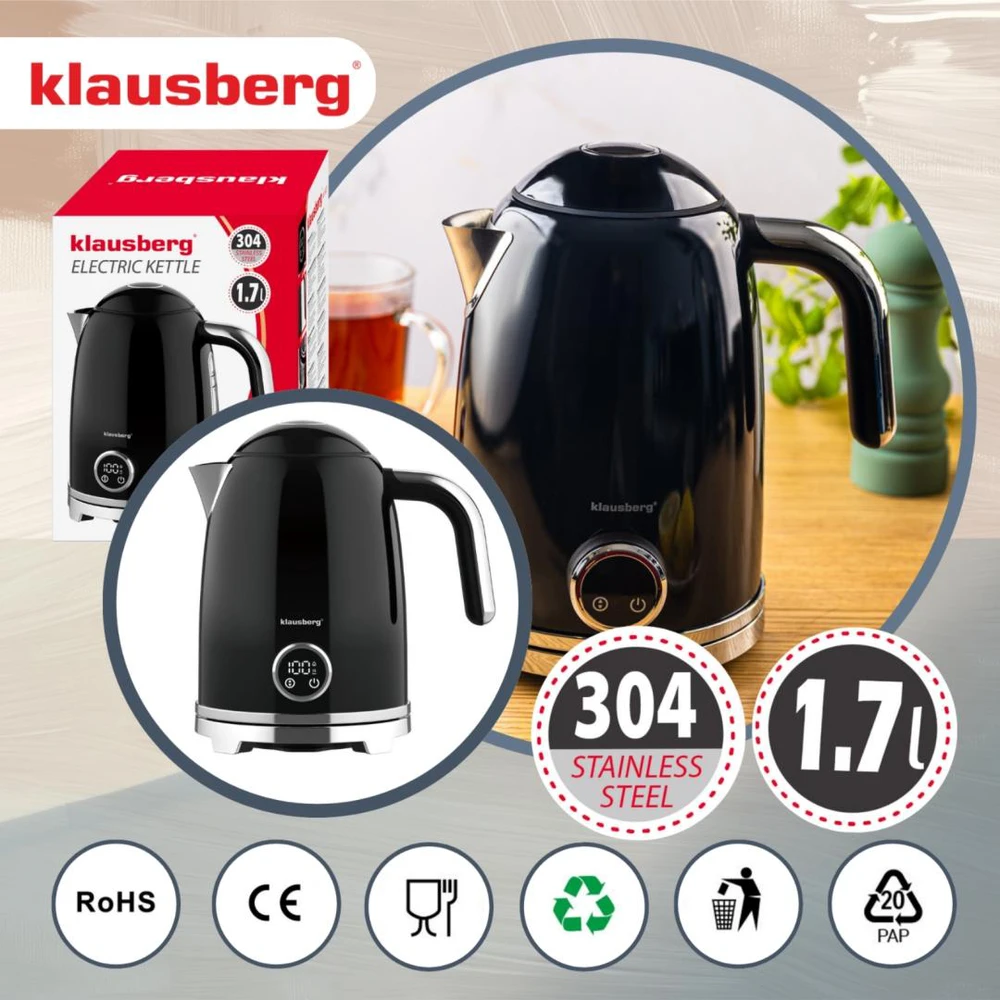 Klausberg Virdulys, Elektrinis virdulys su retro termometru, LED skydeliu, juodas, 1,7 l