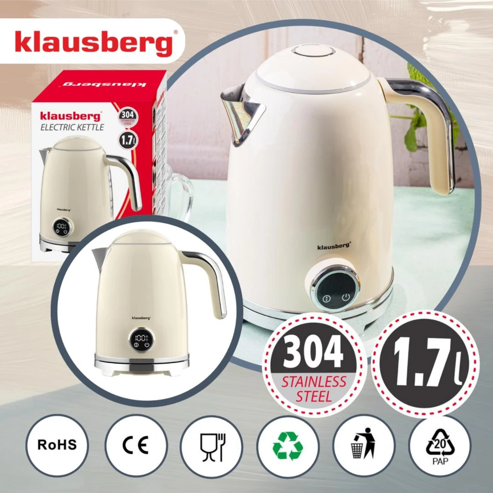 Klausberg Virdulys, Elektrinis virdulys su retro termometru, LED skydeliu, smėlio spalvos, 1,7 l