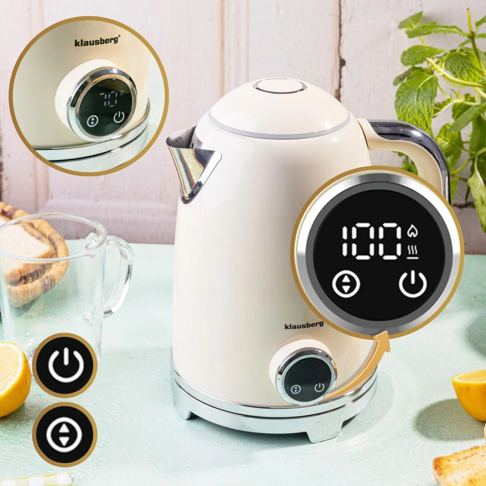 Klausberg Virdulys, Elektrinis virdulys su retro termometru, LED skydeliu, smėlio spalvos, 1,7 l