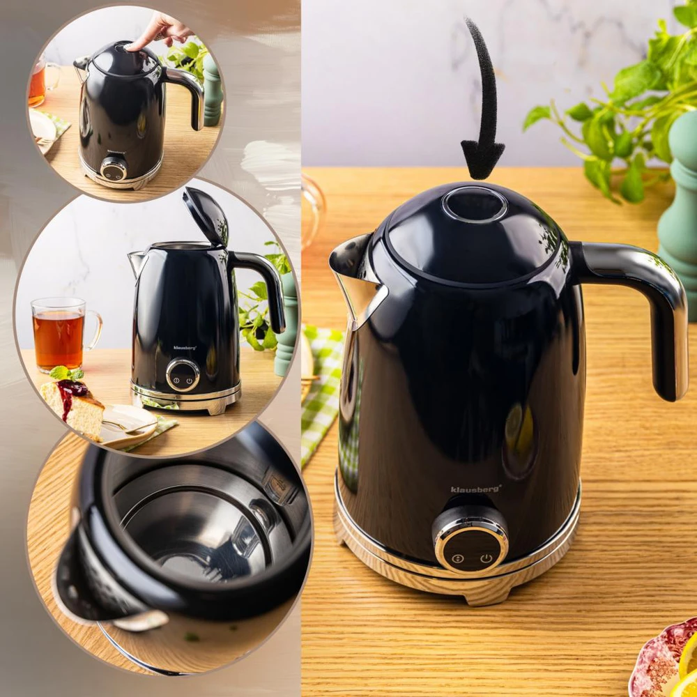 Klausberg Virdulys, Elektrinis virdulys su retro termometru, LED skydeliu, juodas, 1,7 l