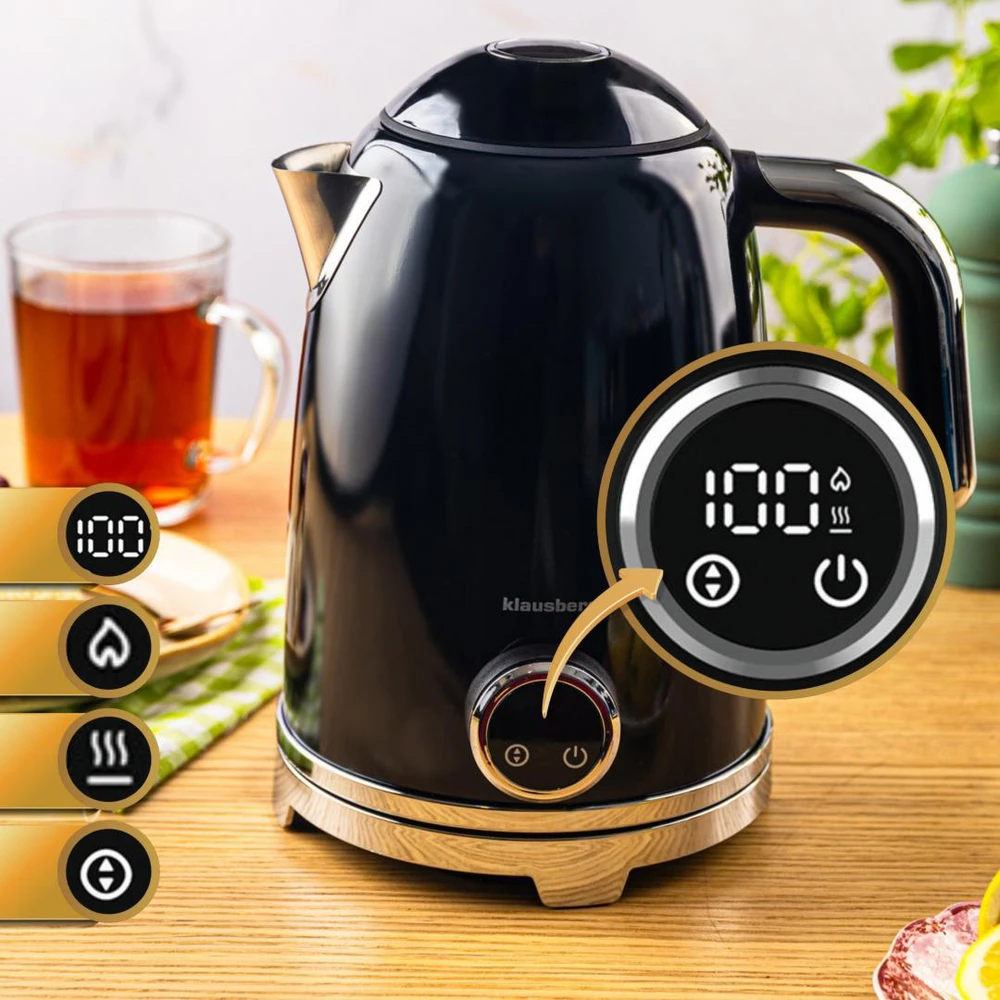 Klausberg Virdulys, Elektrinis virdulys su retro termometru, LED skydeliu, juodas, 1,7 l