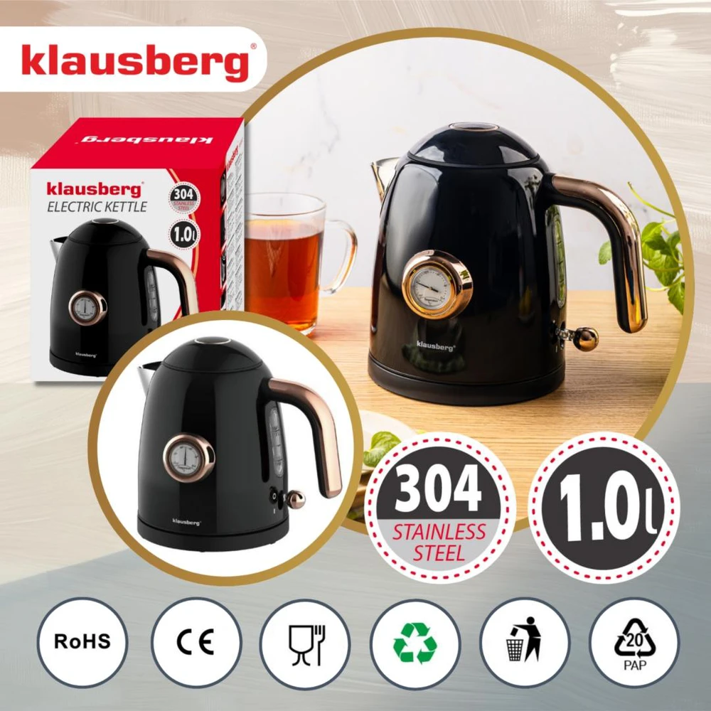 Virdulys, Elektrinis virdulys su termometru, nerūdijančio plieno, juodas, 1,0 l, 1200 W, Klausberg, kb-9017