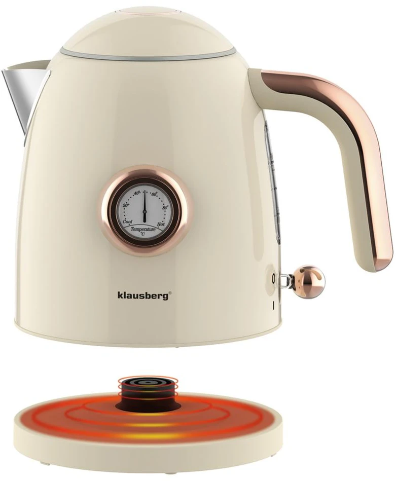 Virdulys, Elektrinis virdulys su termometru, nerūdijančio plieno, grietinėlės spalvos, 1,0 l, 1200 W, Klausberg, kb-9018