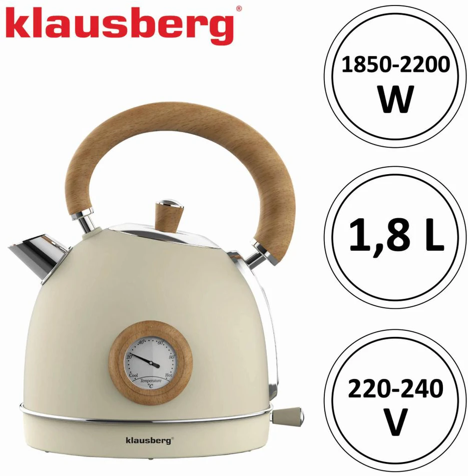 Virdulys, Elektrinis virdulys su termometru, nerūdijančio plieno, kreminės spalvos su mediena, 1,8 l, 1850–2200 W, klausberg, kb-7906