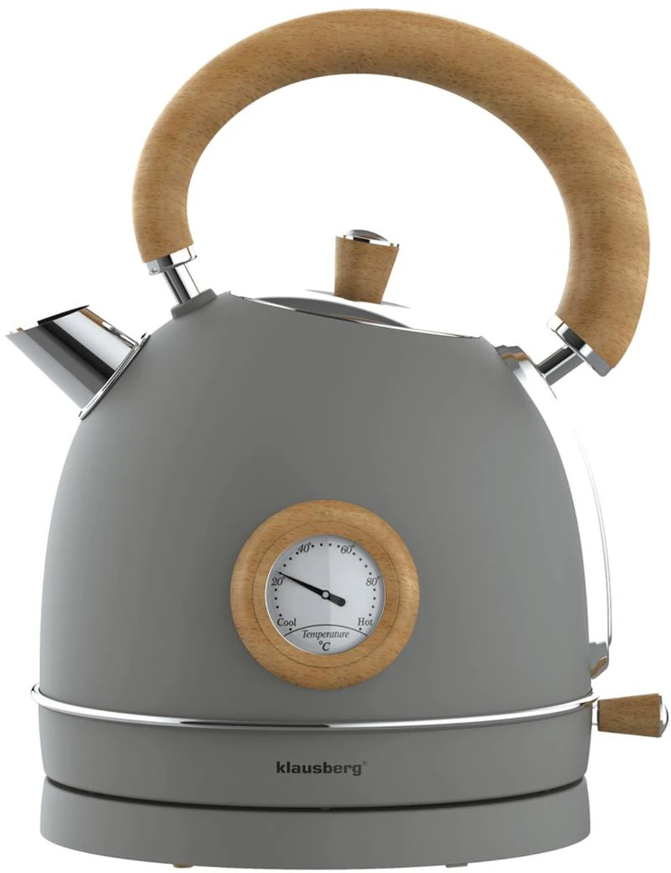 Virdulys, Elektrinis virdulys su termometru, nerūdijančio plieno, pilkas su mediena, 1,8 l, 1850–2200 W, klausberg, KB-9009