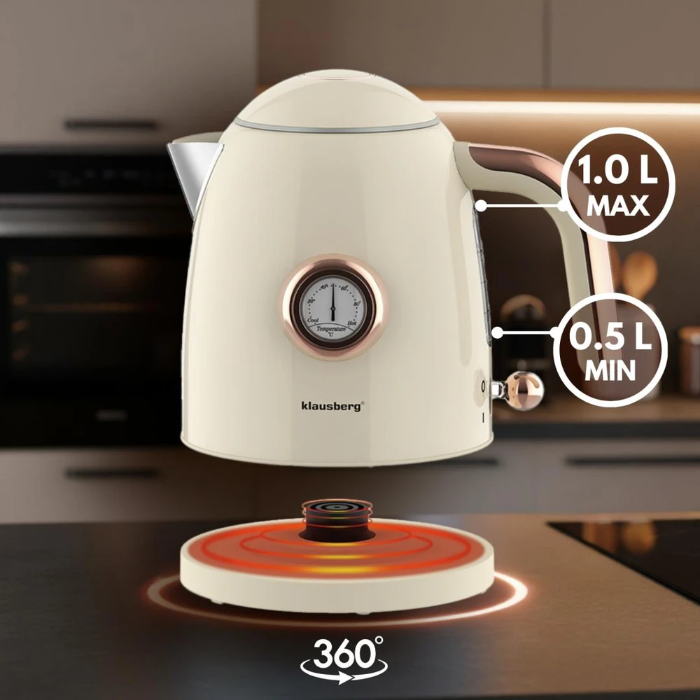 Virdulys, Elektrinis virdulys su termometru, nerūdijančio plieno, grietinėlės spalvos, 1,0 l, 1200 W, Klausberg, kb-9018