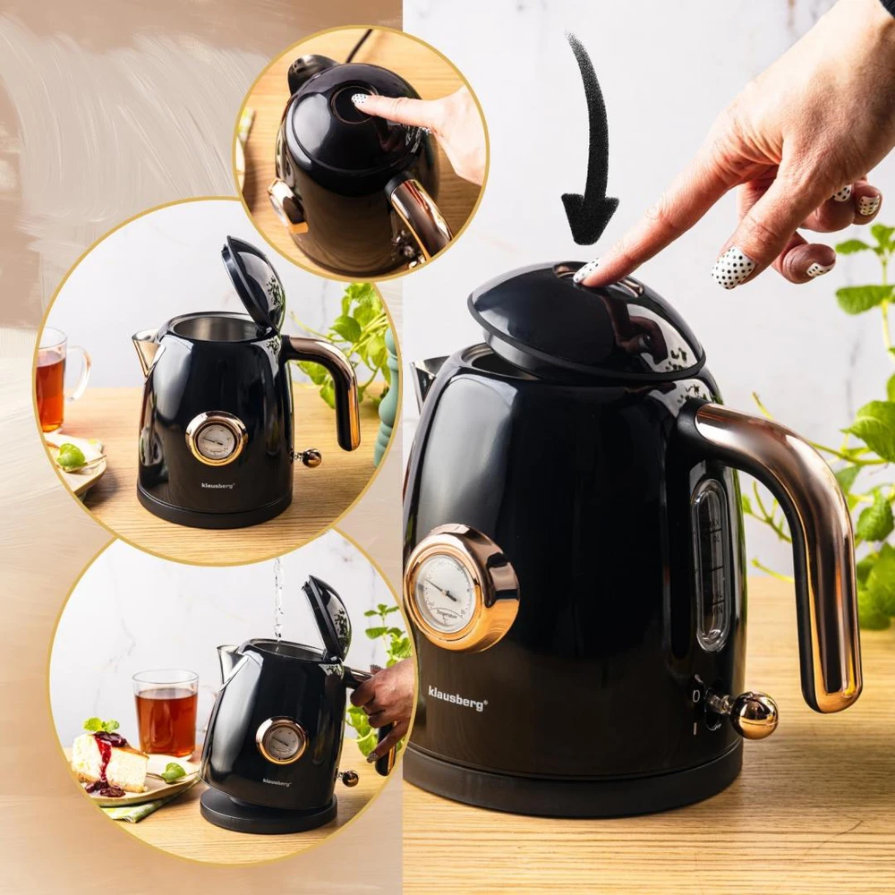 Virdulys, Elektrinis virdulys su termometru, nerūdijančio plieno, juodas, 1,0 l, 1200 W, Klausberg, kb-9017