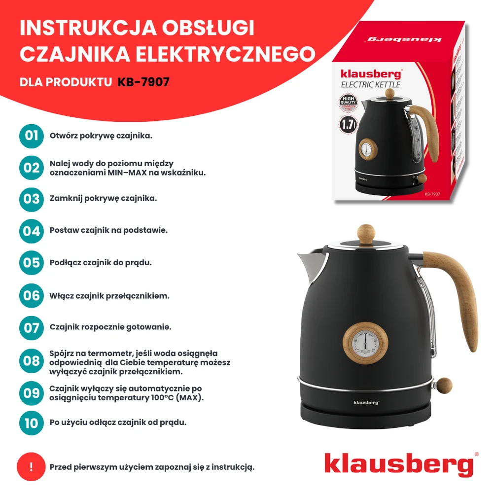 Virdulys, Elektrinis virdulys su termometru, nerūdijančio plieno, juodas su mediena, 1,7 l, 1850–2200 W, klausberg, kb-7907