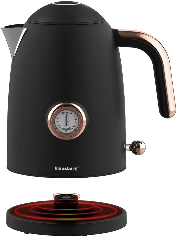 Klausberg Virdulys, Elektrinis virdulys su termometru, juodas, retro stiliaus, 304 plieno, 1,7 l