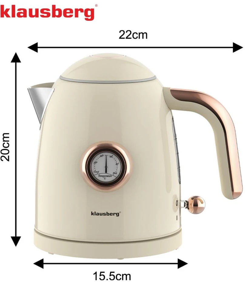 Virdulys, Elektrinis virdulys su termometru, nerūdijančio plieno, grietinėlės spalvos, 1,0 l, 1200 W, Klausberg, kb-9018