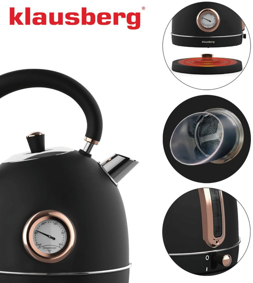 Virdulys, Elektrinis virdulys su termometru, nerūdijančio plieno, juodo/rožinio aukso spalvos, 1,8 l, 1850–2200 W, klausberg, kb-7905