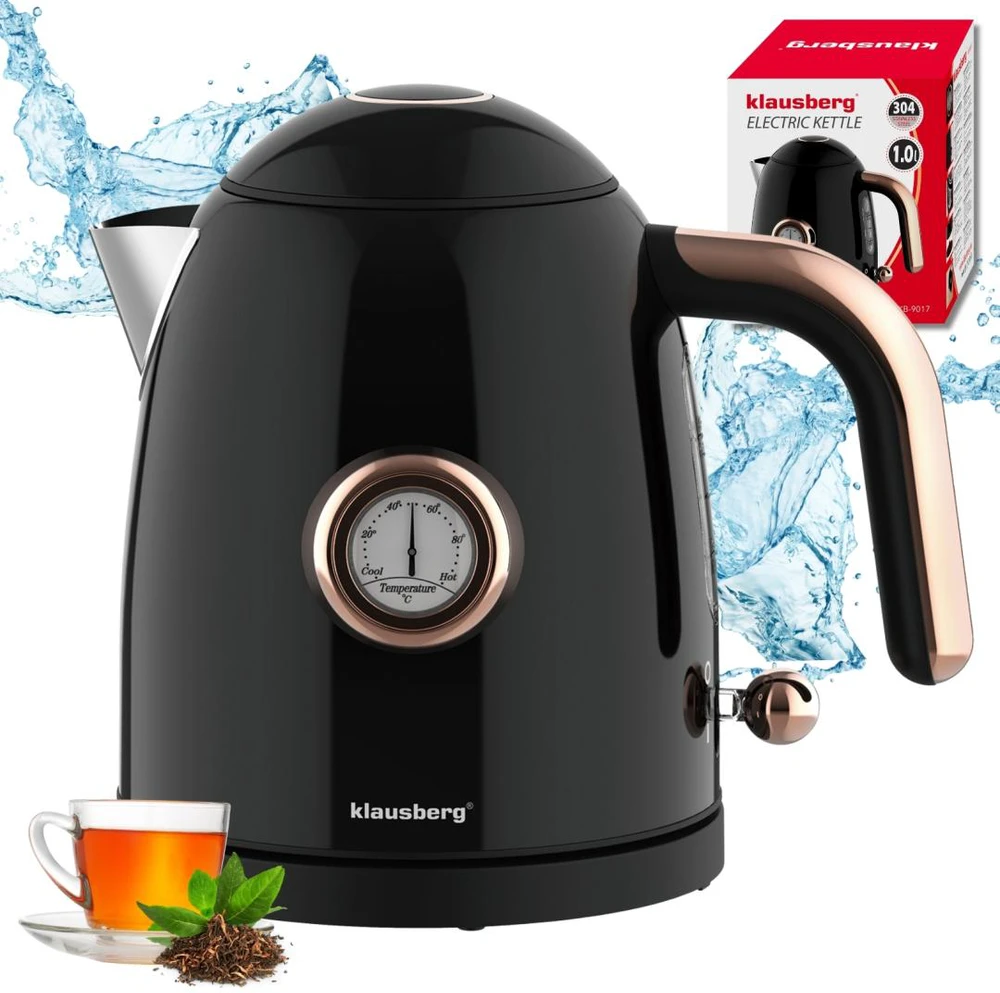 Virdulys, Elektrinis virdulys su termometru, nerūdijančio plieno, juodas, 1,0 l, 1200 W, Klausberg, kb-9017