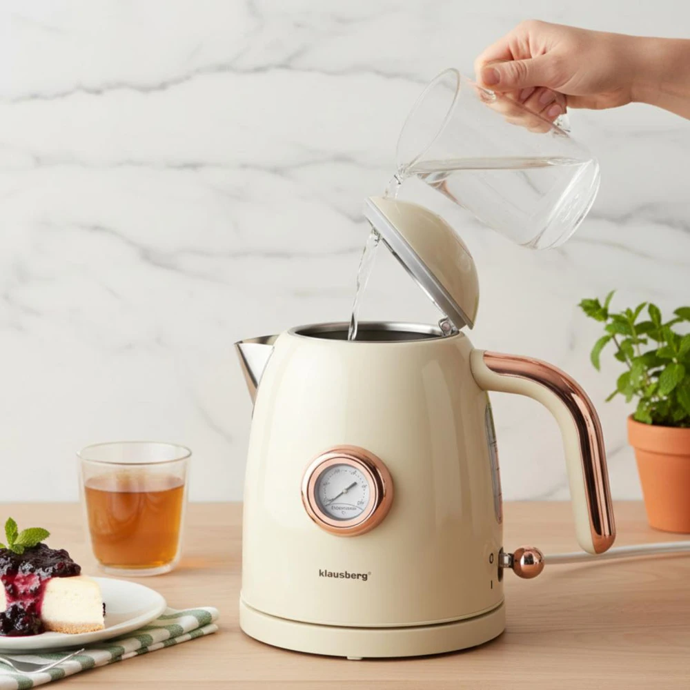 Virdulys, Elektrinis virdulys su termometru, nerūdijančio plieno, grietinėlės spalvos, 1,0 l, 1200 W, Klausberg, kb-9018