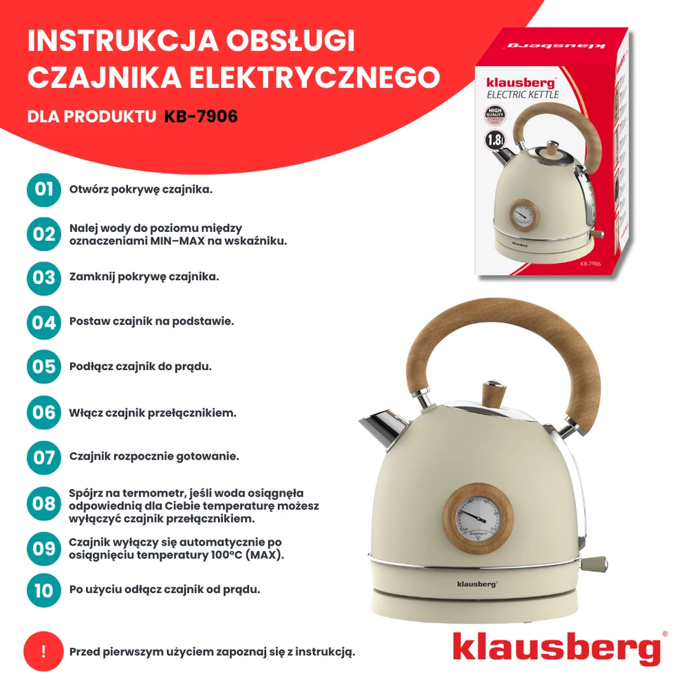 Virdulys, Elektrinis virdulys su termometru, nerūdijančio plieno, kreminės spalvos su mediena, 1,8 l, 1850–2200 W, klausberg, kb-7906