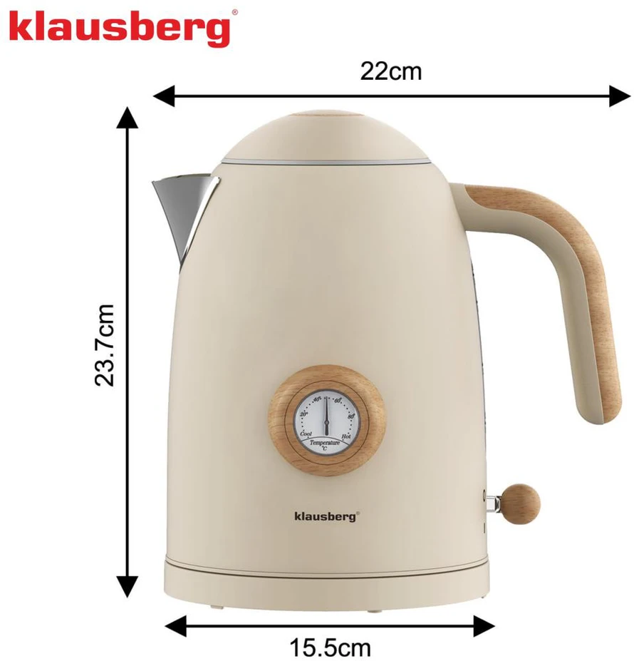 Klausberg Virdulys, Elektrinis virdulys su termometru, smėlio spalvos, retro, 304 plienas, 1,7 l