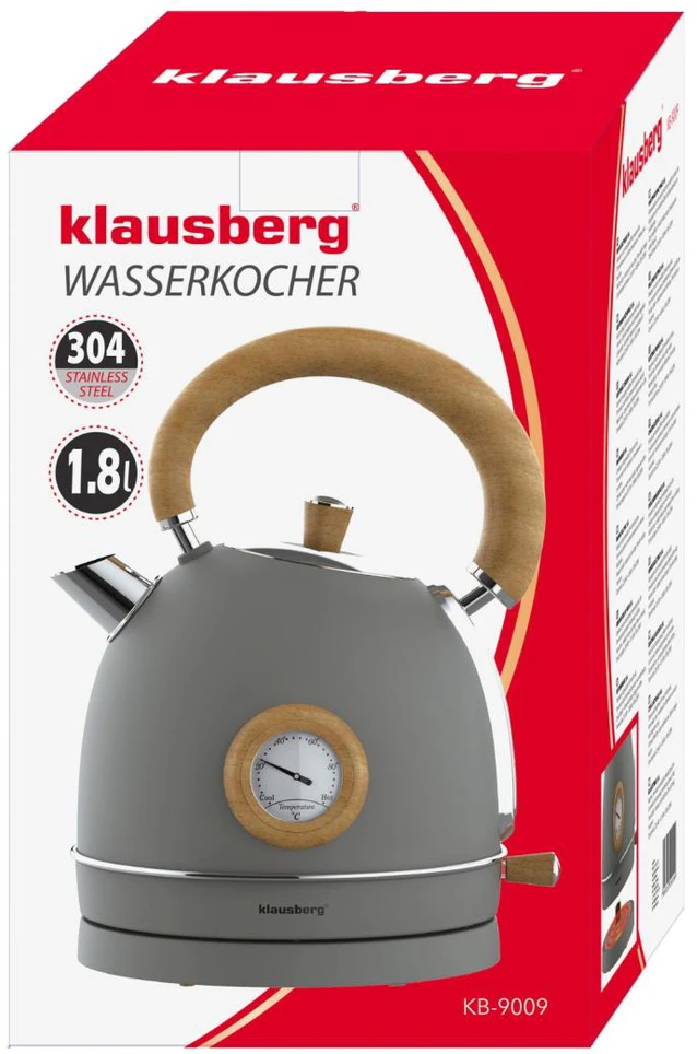 Virdulys, Elektrinis virdulys su termometru, nerūdijančio plieno, pilkas su mediena, 1,8 l, 1850–2200 W, klausberg, KB-9009