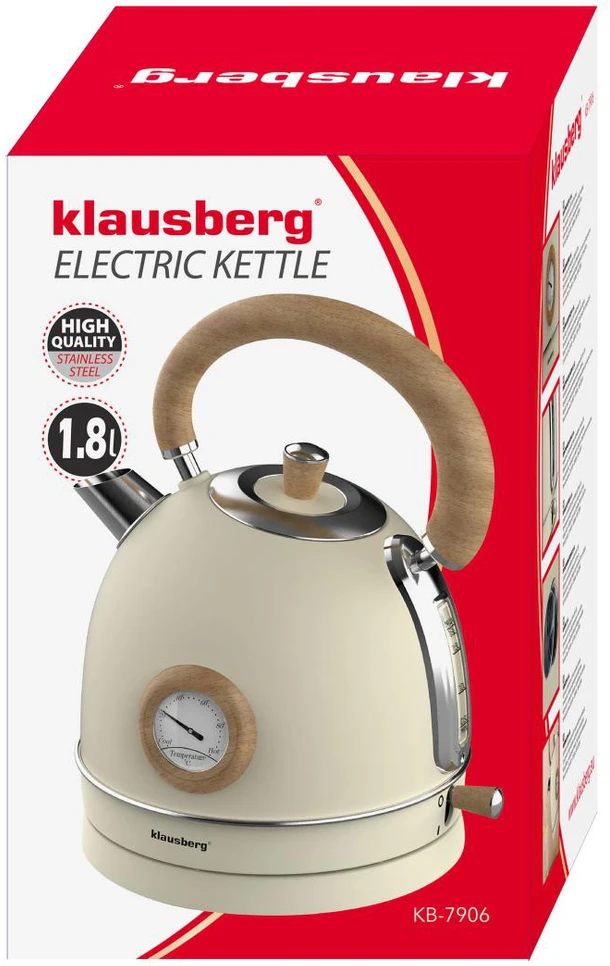 Virdulys, Elektrinis virdulys su termometru, nerūdijančio plieno, kreminės spalvos su mediena, 1,8 l, 1850–2200 W, klausberg, kb-7906