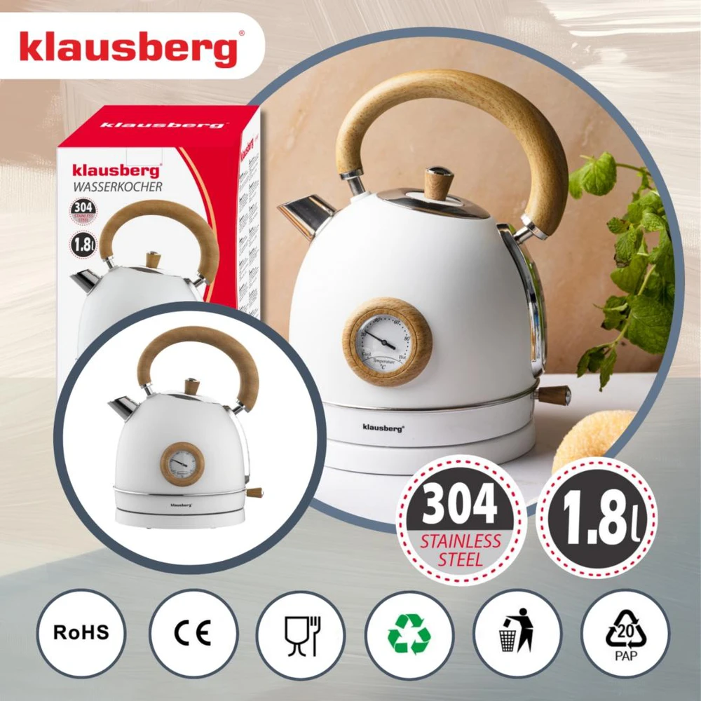 Virdulys, Elektrinis virdulys su termometru, nerūdijančio plieno, baltas su mediena, 1,8 l, 1850–2200 W, klausberg, KB-9007