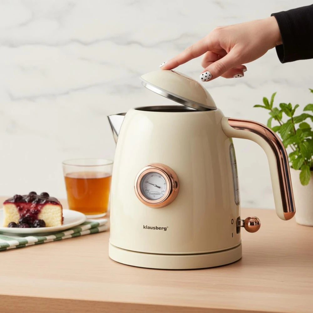 Virdulys, Elektrinis virdulys su termometru, nerūdijančio plieno, grietinėlės spalvos, 1,0 l, 1200 W, Klausberg, kb-9018