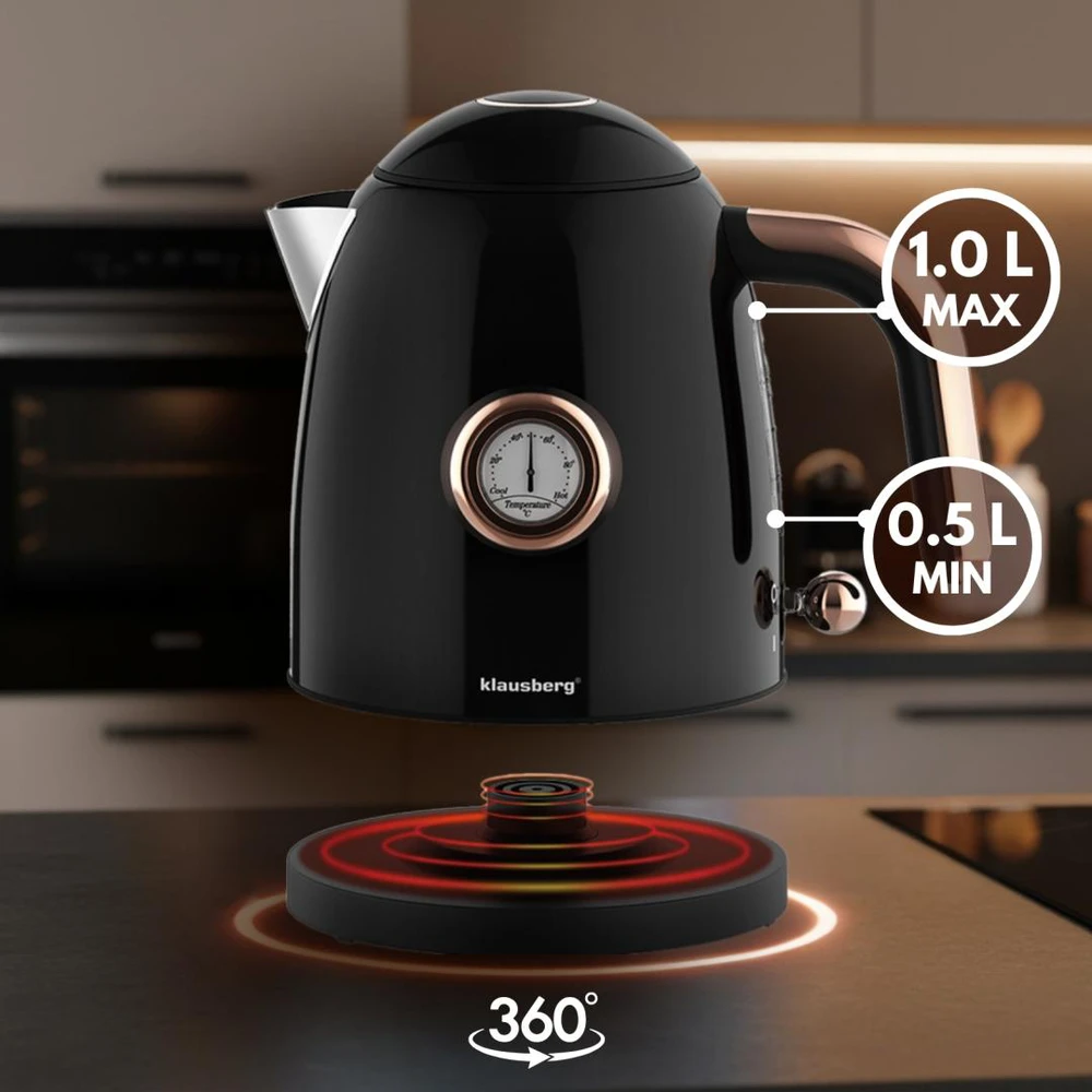 Virdulys, Elektrinis virdulys su termometru, nerūdijančio plieno, juodas, 1,0 l, 1200 W, Klausberg, kb-9017