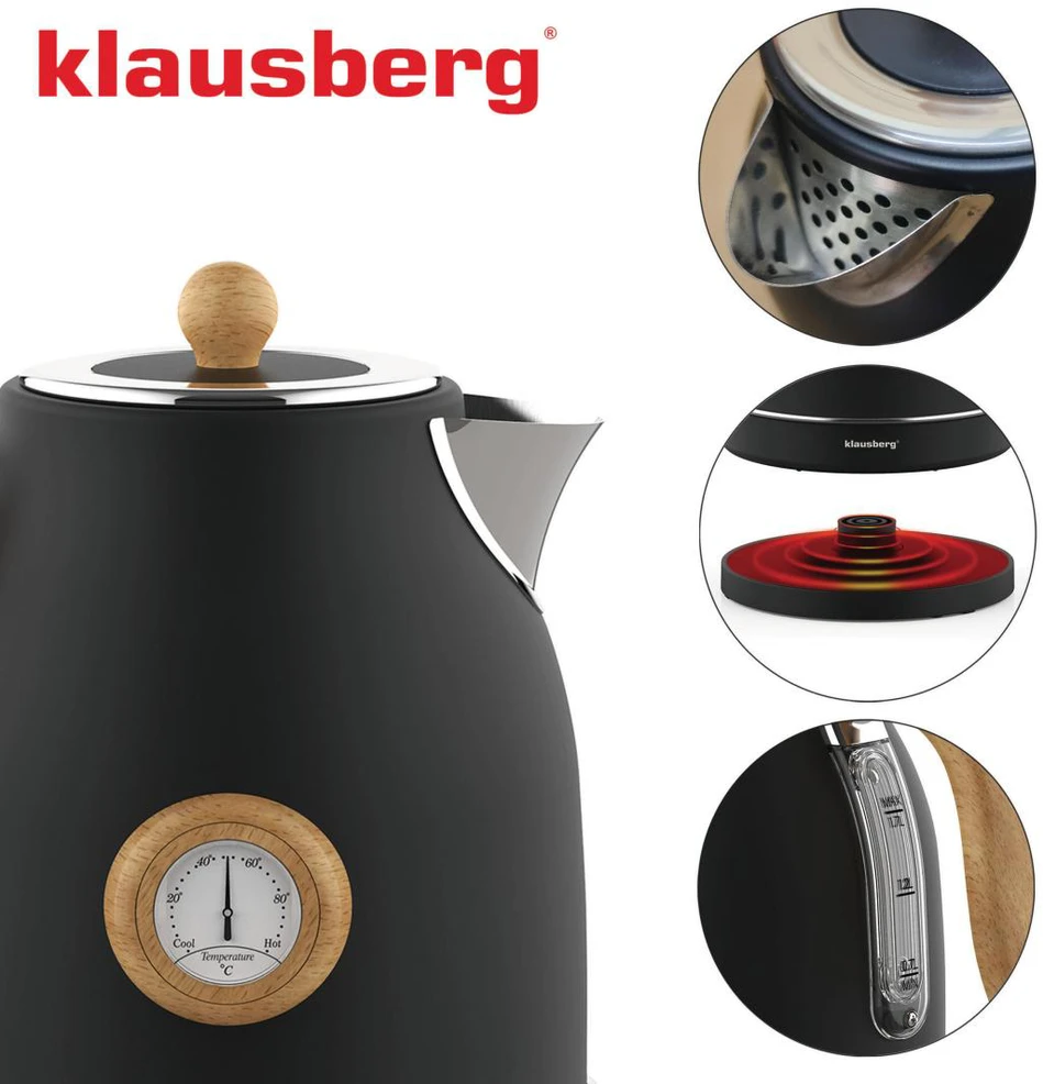 Virdulys, Elektrinis virdulys su termometru, nerūdijančio plieno, juodas su mediena, 1,7 l, 1850–2200 W, klausberg, kb-7907