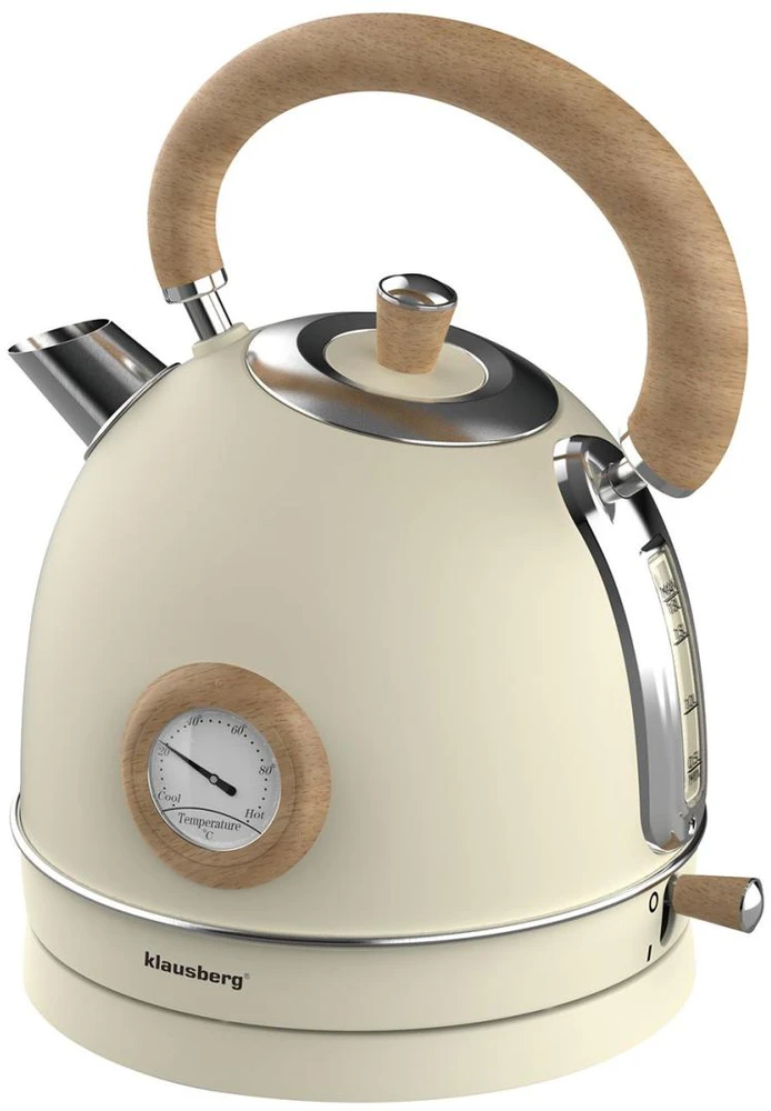 Virdulys, Elektrinis virdulys su termometru, nerūdijančio plieno, kreminės spalvos su mediena, 1,8 l, 1850–2200 W, klausberg, kb-7906