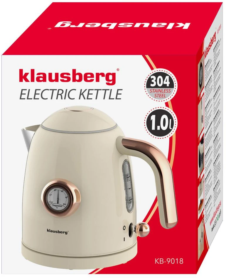 Virdulys, Elektrinis virdulys su termometru, nerūdijančio plieno, grietinėlės spalvos, 1,0 l, 1200 W, Klausberg, kb-9018