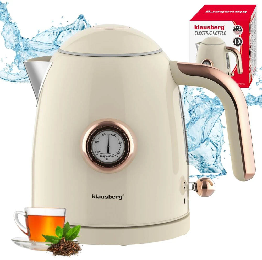 Virdulys, Elektrinis virdulys su termometru, nerūdijančio plieno, grietinėlės spalvos, 1,0 l, 1200 W, Klausberg, kb-9018