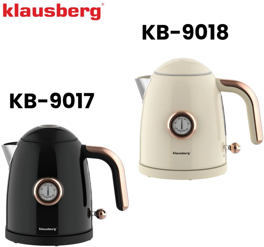 Virdulys, Elektrinis virdulys su termometru, nerūdijančio plieno, grietinėlės spalvos, 1,0 l, 1200 W, Klausberg, kb-9018