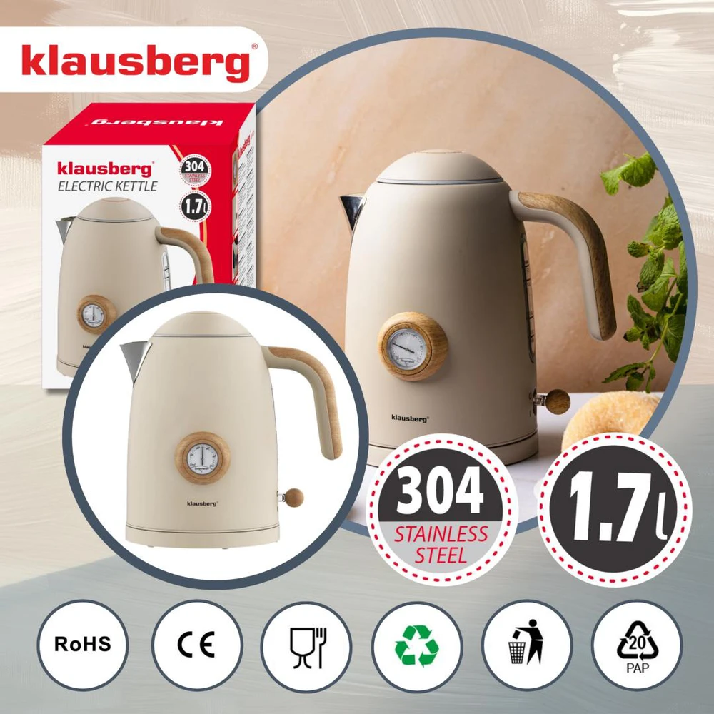 Klausberg Virdulys, Elektrinis virdulys su termometru, smėlio spalvos, retro, 304 plienas, 1,7 l