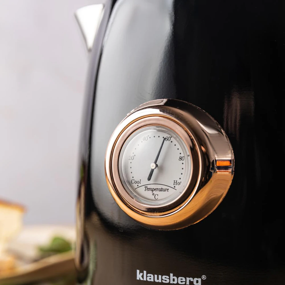 Virdulys, Elektrinis virdulys su termometru, nerūdijančio plieno, juodas, 1,0 l, 1200 W, Klausberg, kb-9017
