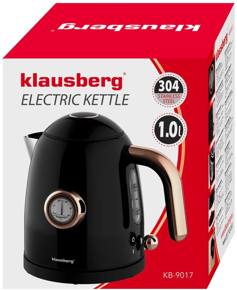 Virdulys, Elektrinis virdulys su termometru, nerūdijančio plieno, juodas, 1,0 l, 1200 W, Klausberg, kb-9017