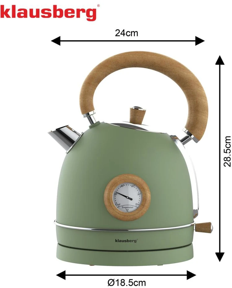 Virdulys, Elektrinis virdulys su termometru, nerūdijančio plieno, žalias su mediena, 1,8 l, 1850–2200 W, klausberg, KB-9008