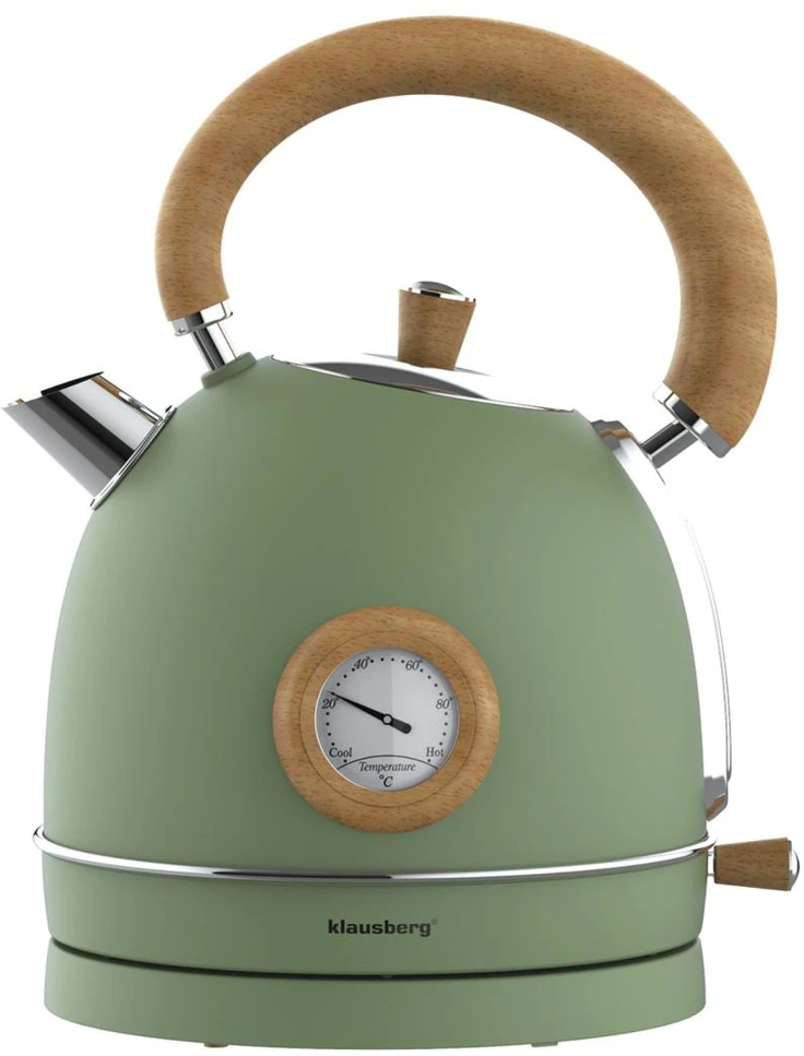 Virdulys, Elektrinis virdulys su termometru, nerūdijančio plieno, žalias su mediena, 1,8 l, 1850–2200 W, klausberg, KB-9008