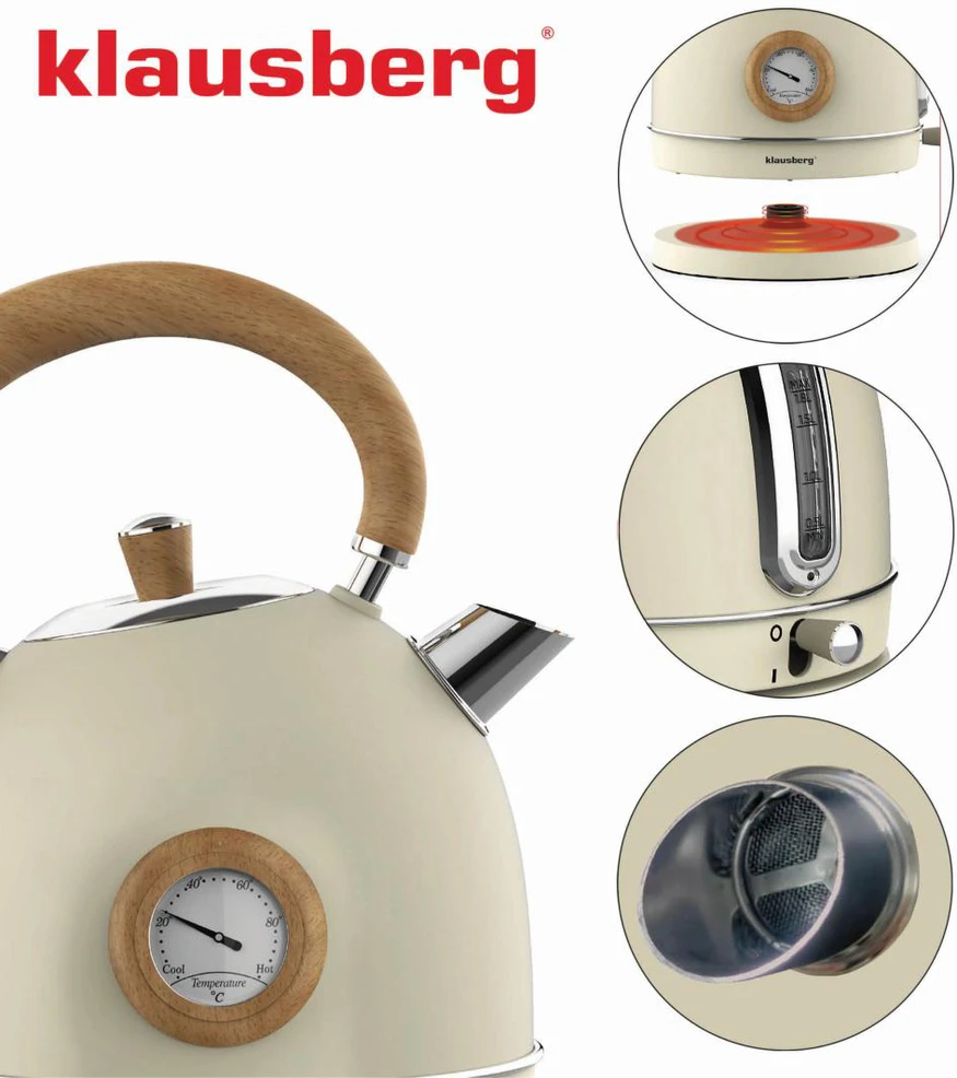 Virdulys, Elektrinis virdulys su termometru, nerūdijančio plieno, kreminės spalvos su mediena, 1,8 l, 1850–2200 W, klausberg, kb-7906