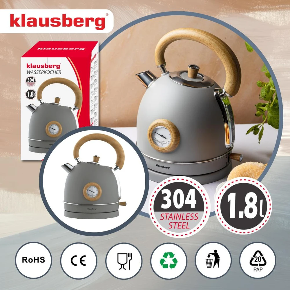 Virdulys, Elektrinis virdulys su termometru, nerūdijančio plieno, pilkas su mediena, 1,8 l, 1850–2200 W, klausberg, KB-9009