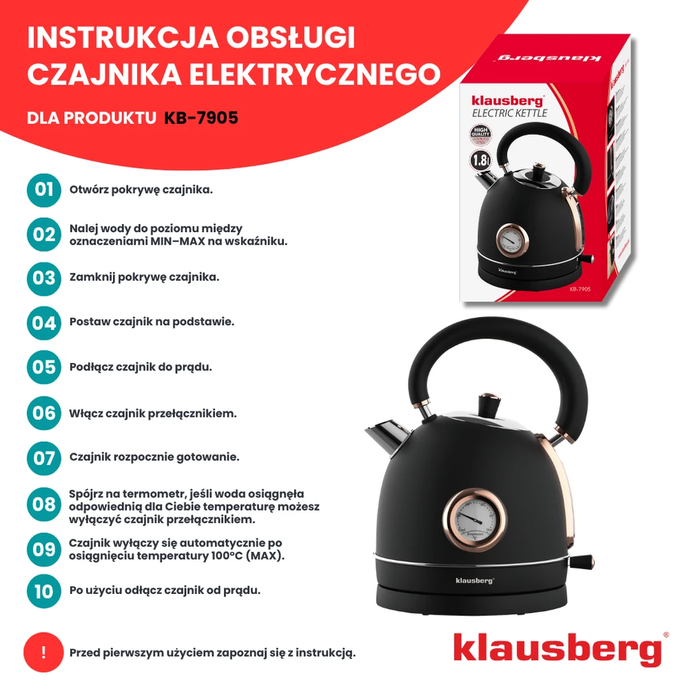 Virdulys, Elektrinis virdulys su termometru, nerūdijančio plieno, juodo/rožinio aukso spalvos, 1,8 l, 1850–2200 W, klausberg, kb-7905