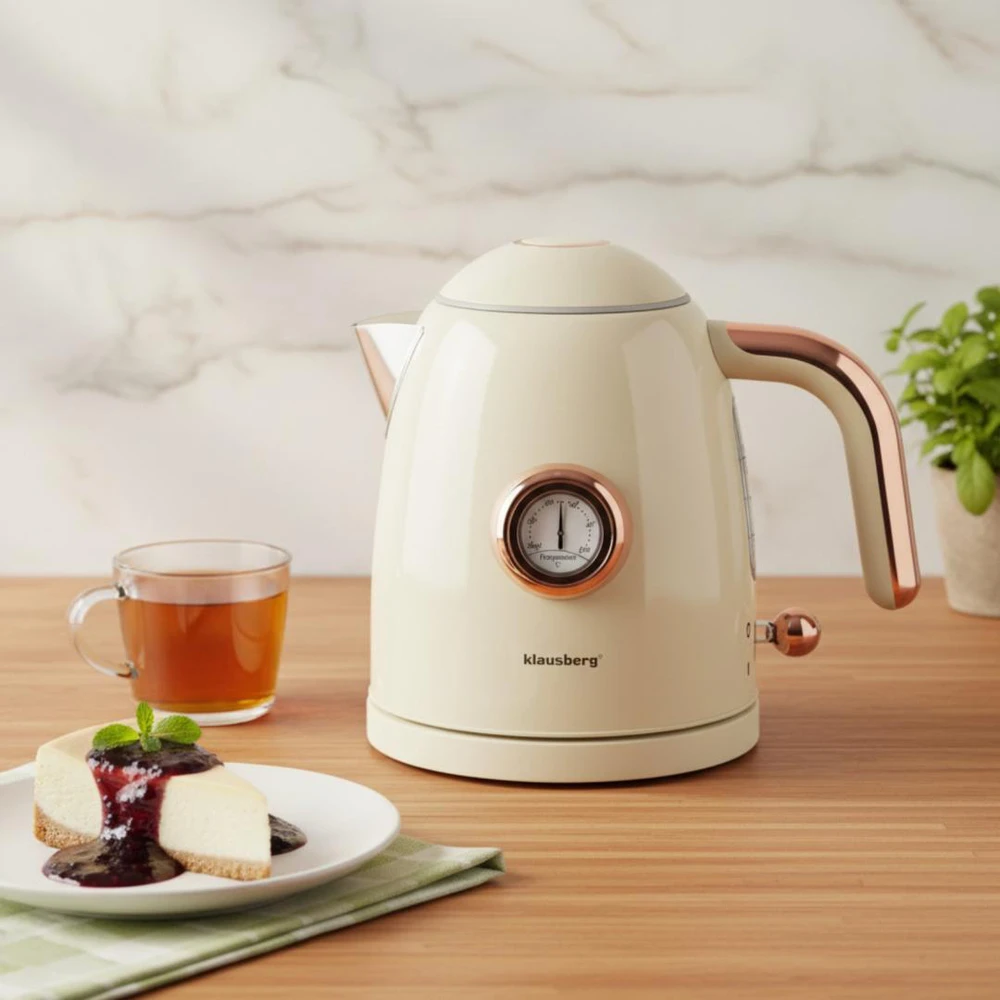 Virdulys, Elektrinis virdulys su termometru, nerūdijančio plieno, grietinėlės spalvos, 1,0 l, 1200 W, Klausberg, kb-9018