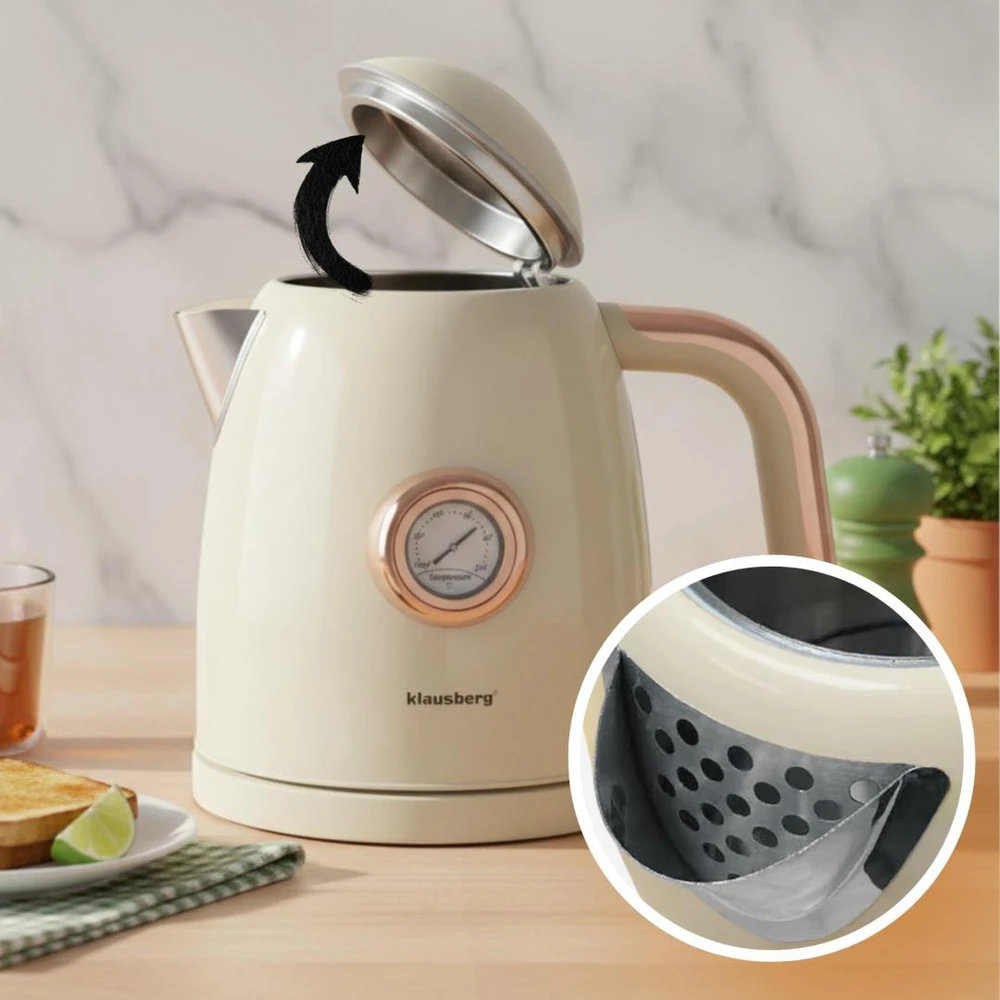 Virdulys, Elektrinis virdulys su termometru, nerūdijančio plieno, grietinėlės spalvos, 1,0 l, 1200 W, Klausberg, kb-9018