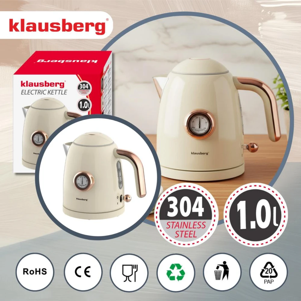 Virdulys, Elektrinis virdulys su termometru, nerūdijančio plieno, grietinėlės spalvos, 1,0 l, 1200 W, Klausberg, kb-9018