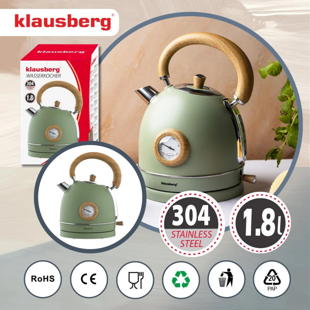 Virdulys, Elektrinis virdulys su termometru, nerūdijančio plieno, žalias su mediena, 1,8 l, 1850–2200 W, klausberg, KB-9008