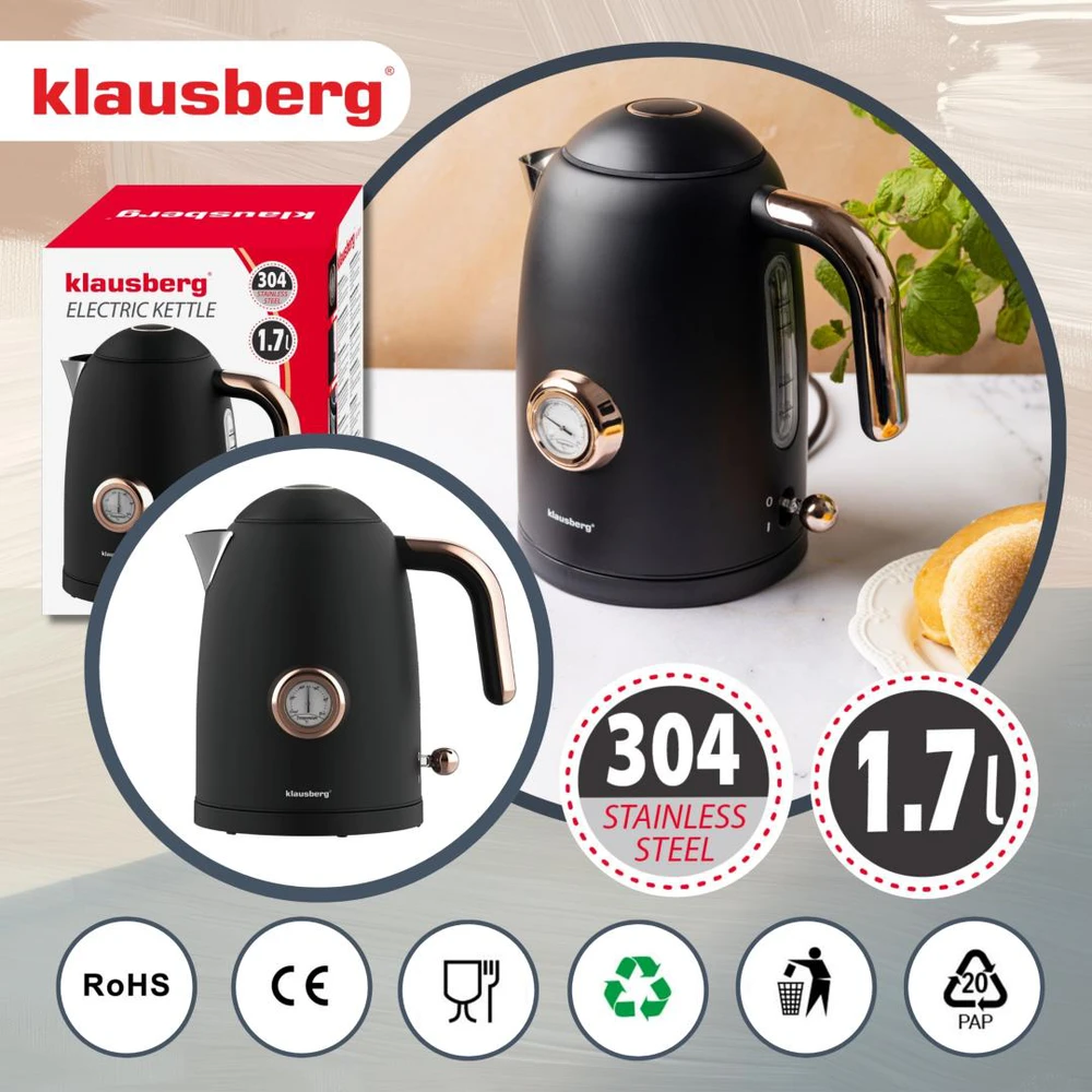 Klausberg Virdulys, Elektrinis virdulys su termometru, juodas, retro stiliaus, 304 plieno, 1,7 l