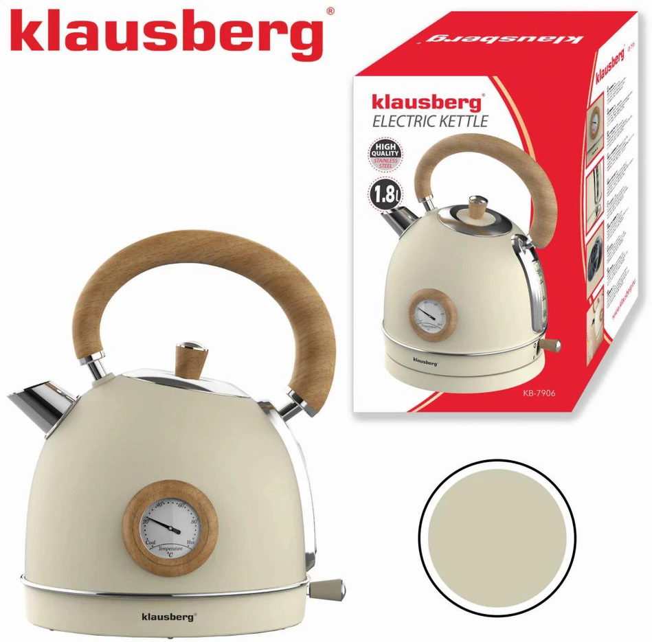 Virdulys, Elektrinis virdulys su termometru, nerūdijančio plieno, kreminės spalvos su mediena, 1,8 l, 1850–2200 W, klausberg, kb-7906
