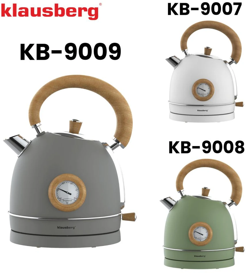 Virdulys, Elektrinis virdulys su termometru, nerūdijančio plieno, pilkas su mediena, 1,8 l, 1850–2200 W, klausberg, KB-9009