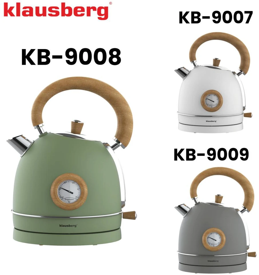 Virdulys, Elektrinis virdulys su termometru, nerūdijančio plieno, žalias su mediena, 1,8 l, 1850–2200 W, klausberg, KB-9008
